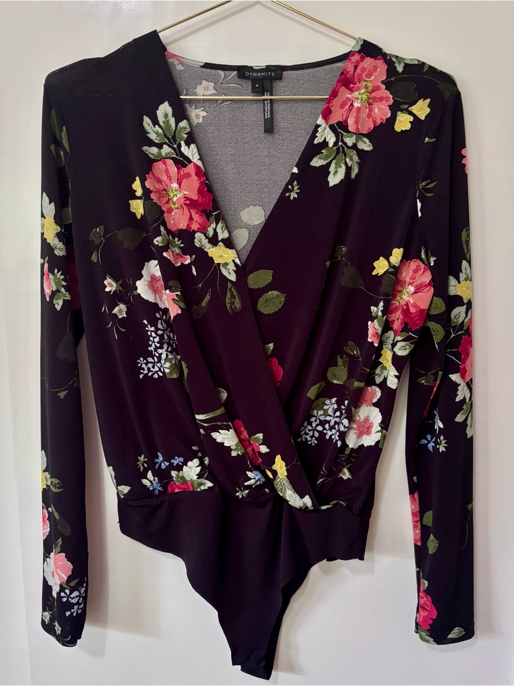 Dynamite| Black & Pink Floral Wrap-Front Thong Bodysuit Sz M
